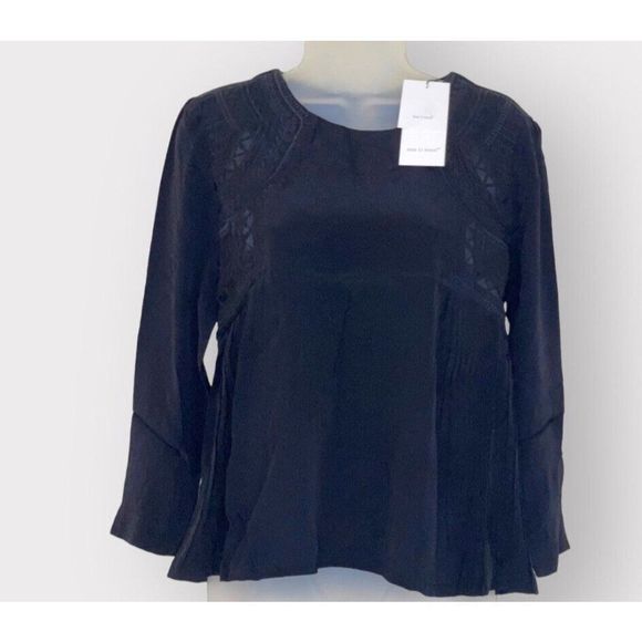ANTHROPOLOGIE SEE U SOON Blouse Embroidered Flowy Pullover Top Black Small NWT - Picture 2 of 9